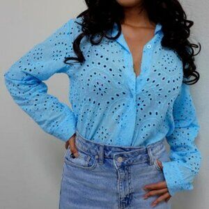 Women Embroidered Long Sleeve Blouse/ Fashion/Office Blouse - Blue